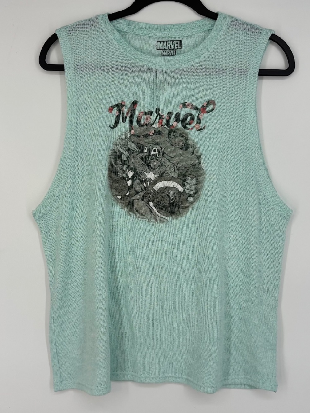 Marvel Womens XL Sweater Knit Tank Top Mint Green Graphic Print Semi Sheer